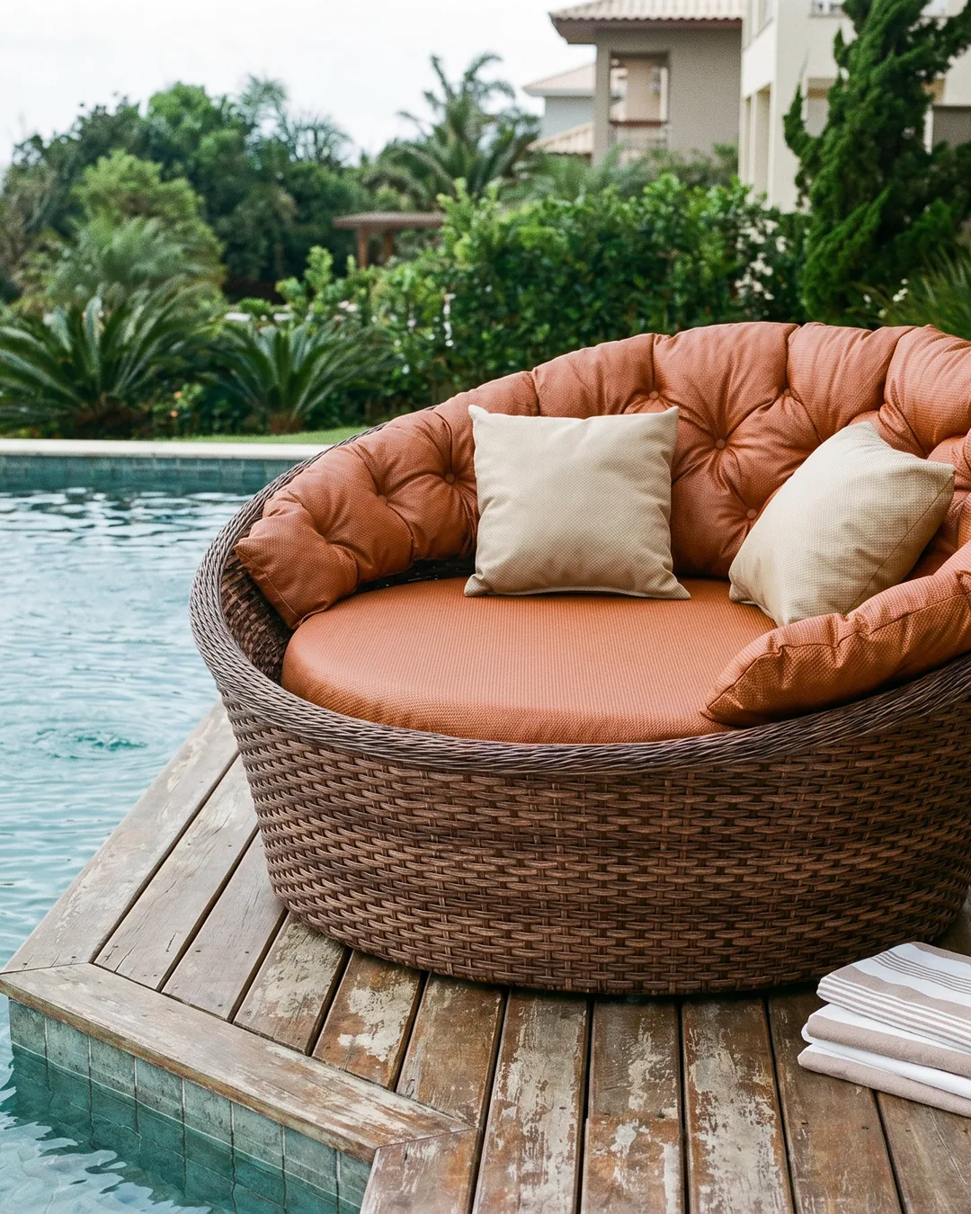 Daybed orbital redondo em corda náutica terracota com almofadas
