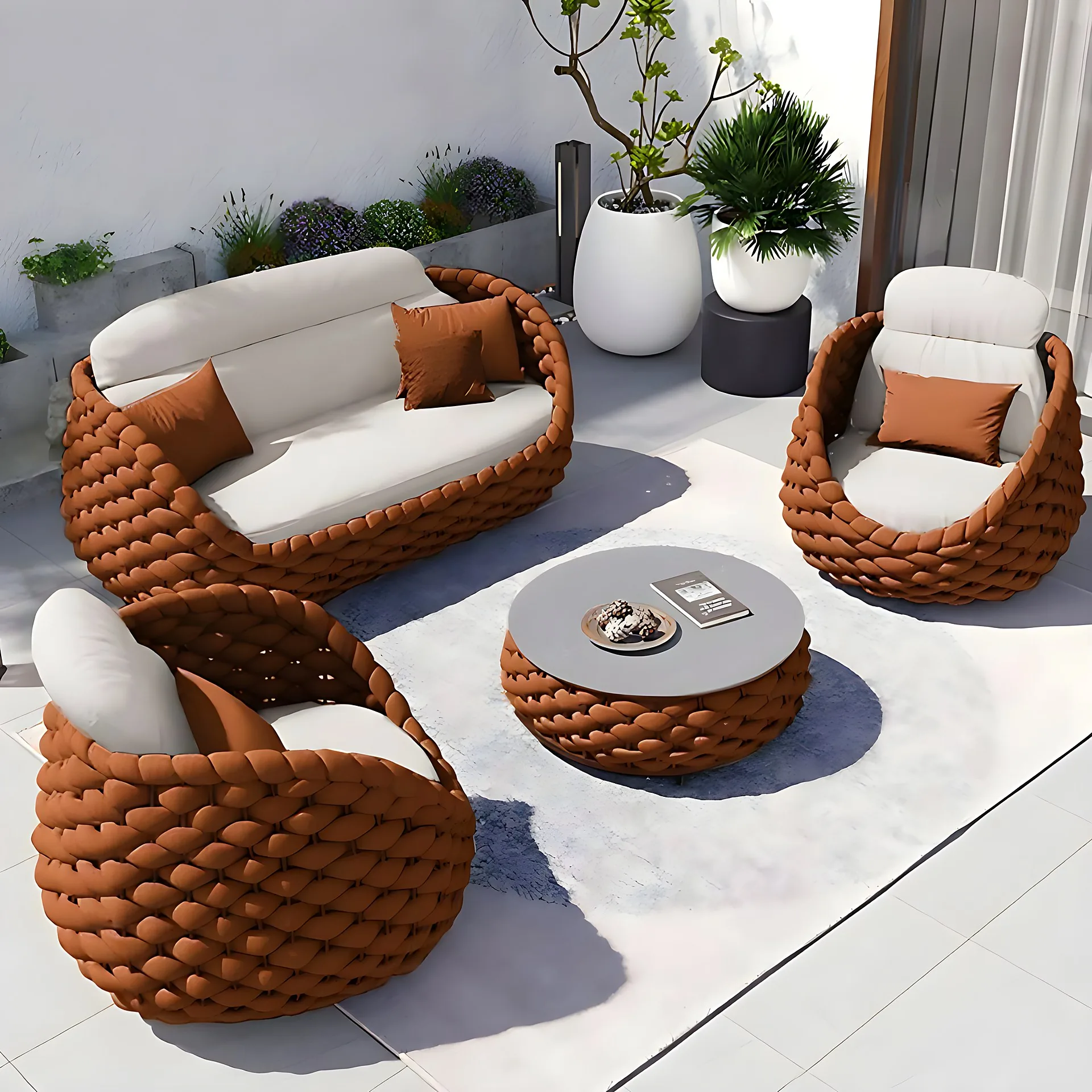 Conjunto de sofá e poltronas em corda náutica terracota