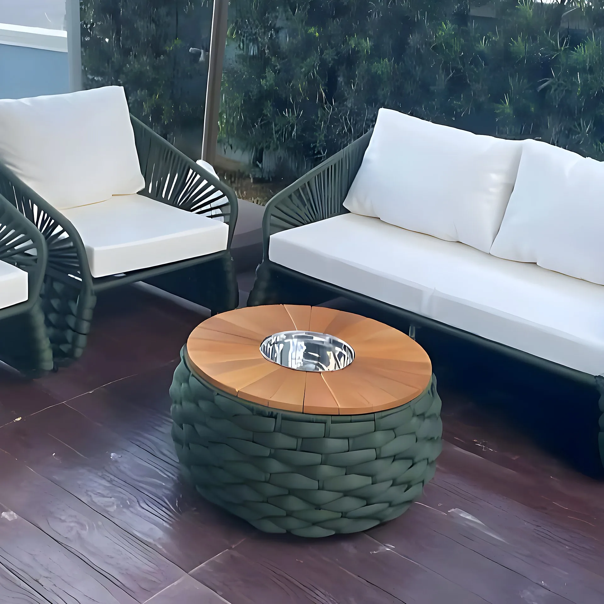 Conjunto em corda náutica verde com sofá branco
