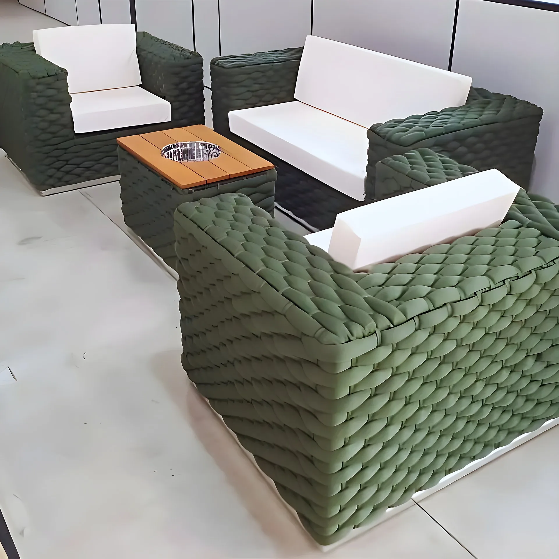 Conjunto em corda náutica verde militar com almofadas brancas