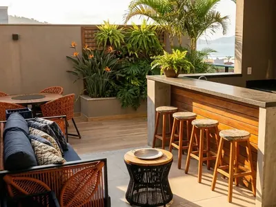 Área gourmet com lounge e bancada em corda náutica